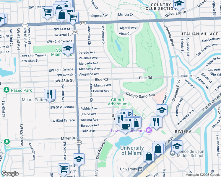 map of restaurants, bars, coffee shops, grocery stores, and more near 1410 Cecilia Avenue in Coral Gables