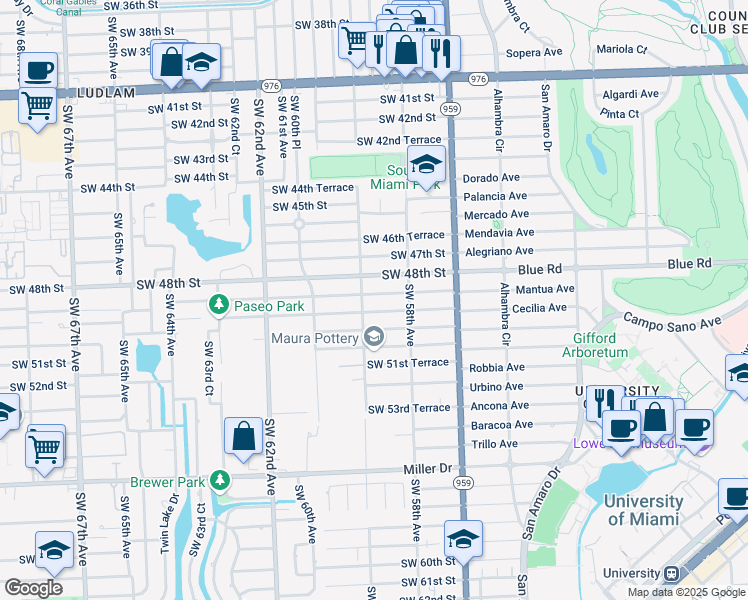 map of restaurants, bars, coffee shops, grocery stores, and more near 5821 Southwest 50th Street in Miami