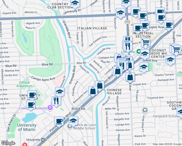 map of restaurants, bars, coffee shops, grocery stores, and more near 5015 Orduna Drive in Coral Gables