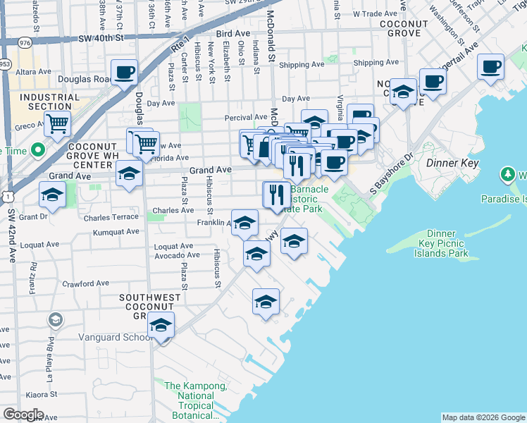 map of restaurants, bars, coffee shops, grocery stores, and more near 3337 Franklin Avenue in Miami