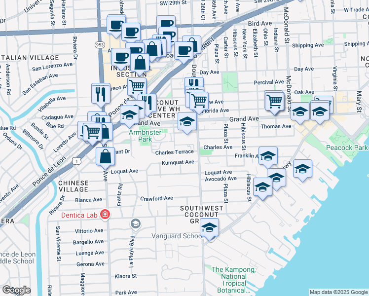 map of restaurants, bars, coffee shops, grocery stores, and more near 3740 Charles Terrace in Miami