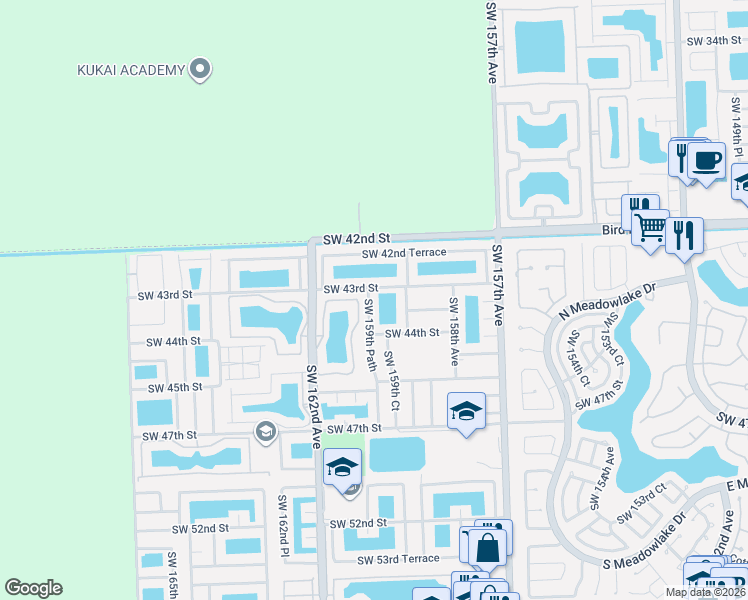 map of restaurants, bars, coffee shops, grocery stores, and more near 4361 Southwest 159th Path in Miami