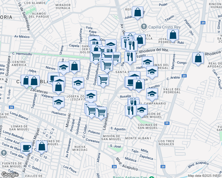 map of restaurants, bars, coffee shops, grocery stores, and more near 114 Australianos in Ciudad Apodaca