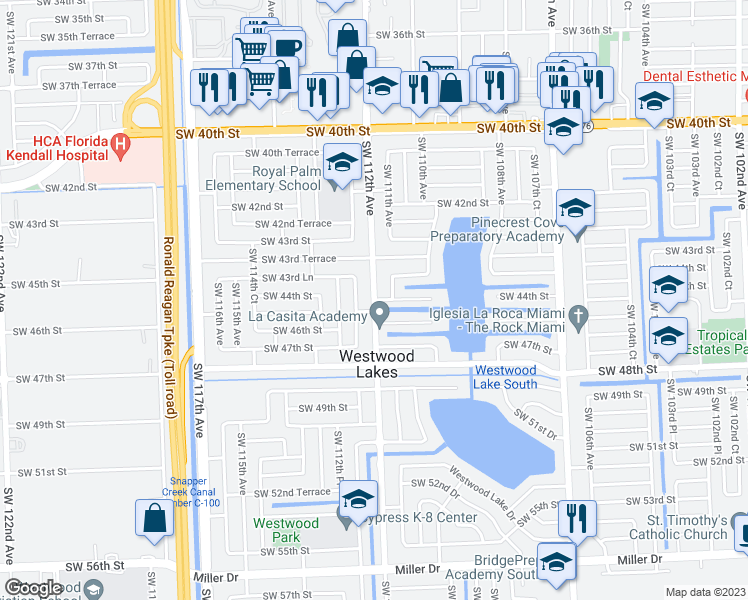 map of restaurants, bars, coffee shops, grocery stores, and more near 16588 Southwest 44th Street in Miami