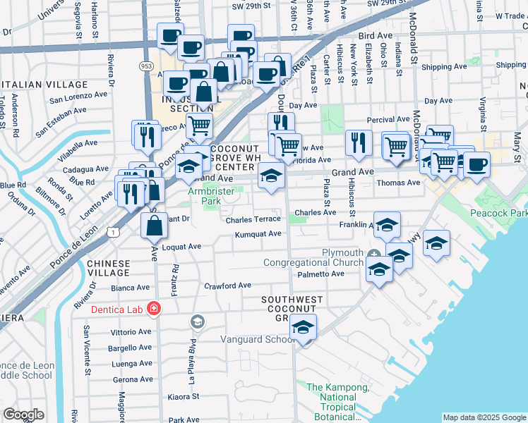 map of restaurants, bars, coffee shops, grocery stores, and more near 3740 Charles Terrace in Miami