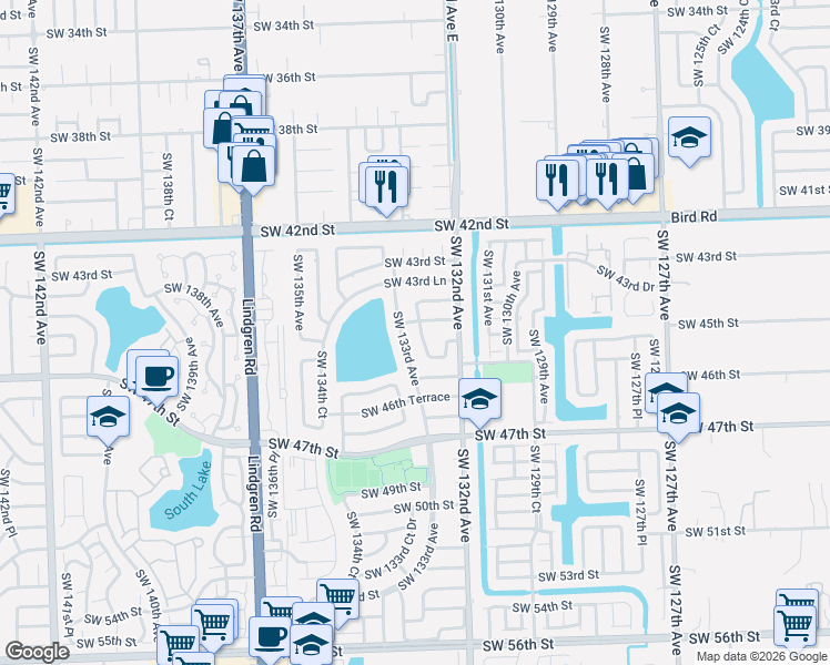 map of restaurants, bars, coffee shops, grocery stores, and more near 4546 Southwest 132nd Place in Miami