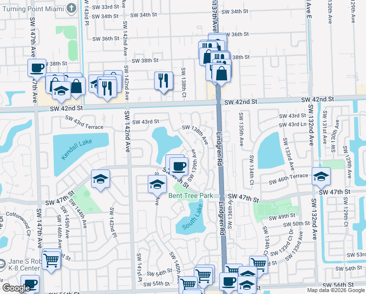 map of restaurants, bars, coffee shops, grocery stores, and more near 13994 Southwest 46th Terrace in Miami
