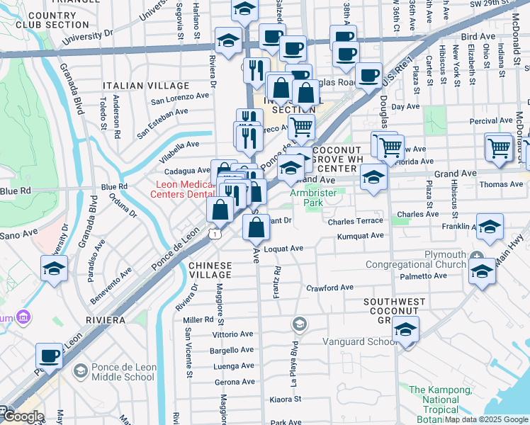 map of restaurants, bars, coffee shops, grocery stores, and more near 4916 Washington Drive in Coral Gables