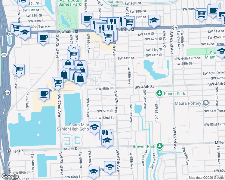 map of restaurants, bars, coffee shops, grocery stores, and more near 4901 Ludlam Road in Miami