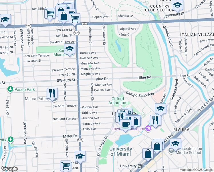 map of restaurants, bars, coffee shops, grocery stores, and more near 1418 Mantua Avenue in Coral Gables