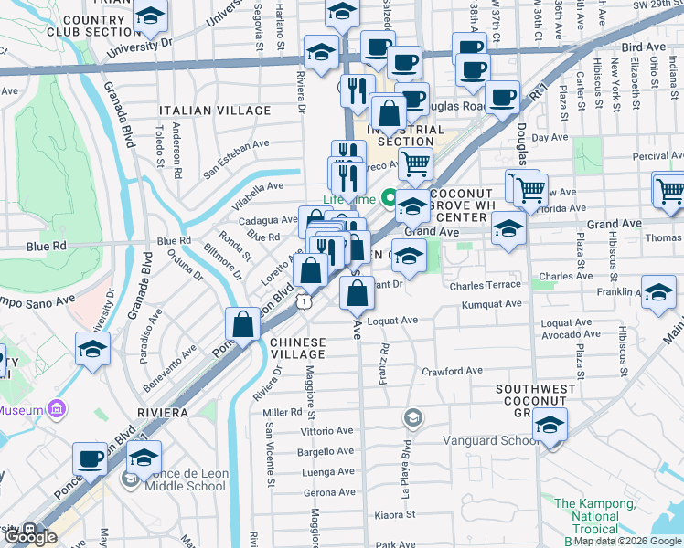 map of restaurants, bars, coffee shops, grocery stores, and more near 4950 South Le Jeune Road in Coral Gables