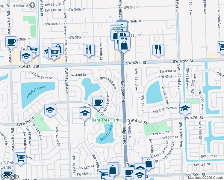 map of restaurants, bars, coffee shops, grocery stores, and more near 4410 Southwest 137th Court in Miami