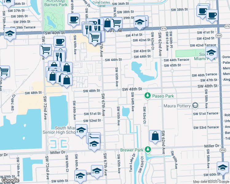 map of restaurants, bars, coffee shops, grocery stores, and more near 6525 Southwest 49th Terrace in Miami
