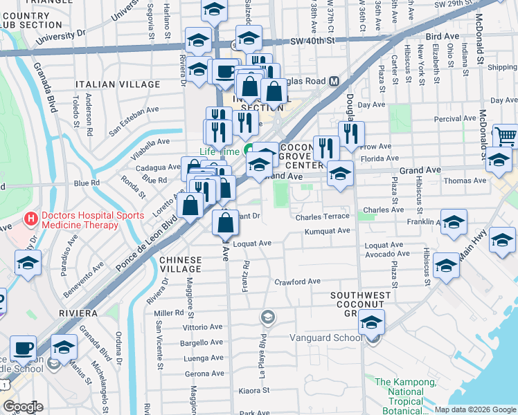 map of restaurants, bars, coffee shops, grocery stores, and more near 200 Grant Drive in Coral Gables