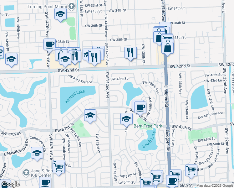 map of restaurants, bars, coffee shops, grocery stores, and more near 14085 Southwest 46th Terrace in Miami
