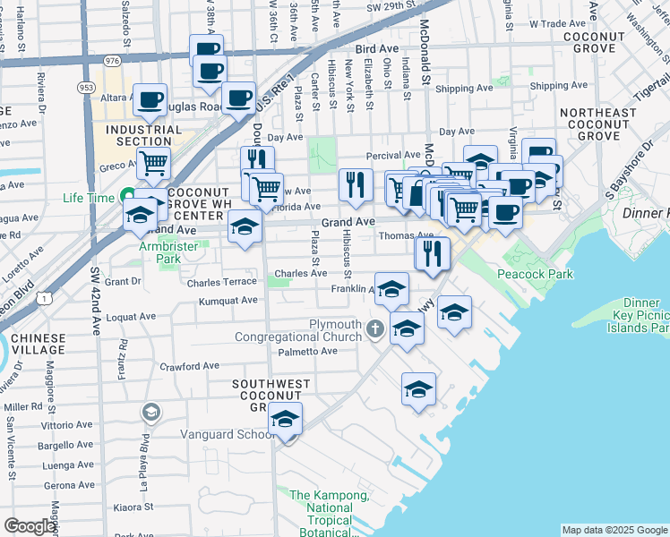 map of restaurants, bars, coffee shops, grocery stores, and more near 3529 Franklin Avenue in Miami