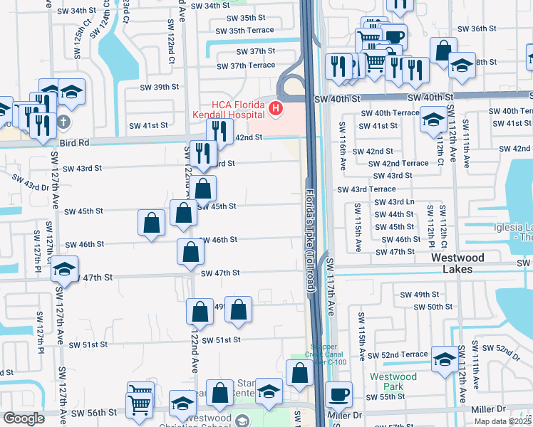 map of restaurants, bars, coffee shops, grocery stores, and more near 11845 Southwest 45th Street in Miami