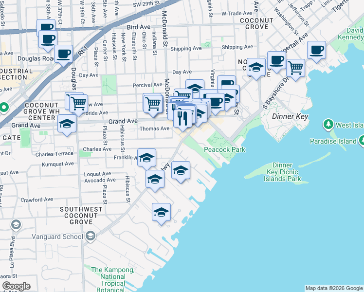 map of restaurants, bars, coffee shops, grocery stores, and more near 3486 Main Highway in Miami