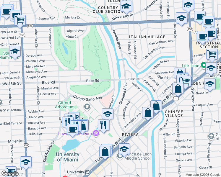 map of restaurants, bars, coffee shops, grocery stores, and more near 1155 Blue Road in Coral Gables