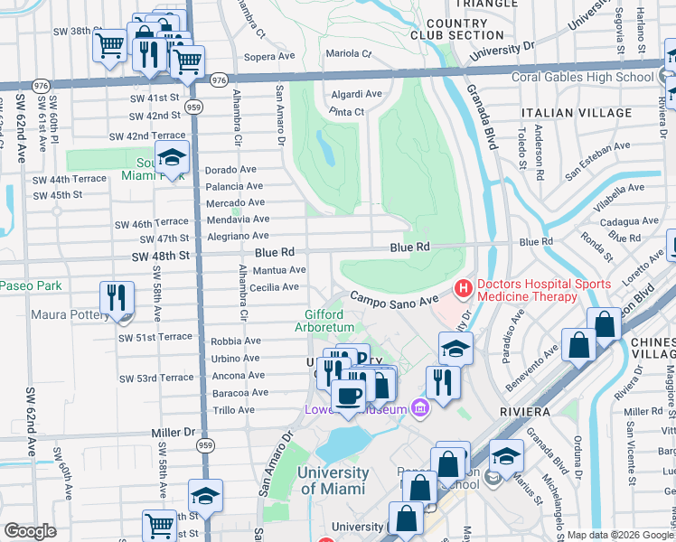map of restaurants, bars, coffee shops, grocery stores, and more near 1352 Blue Road in Coral Gables