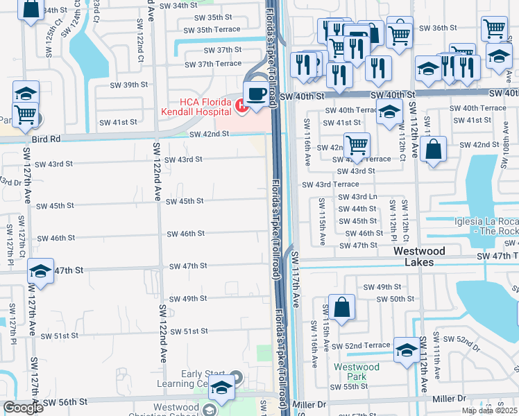 map of restaurants, bars, coffee shops, grocery stores, and more near 11805 Southwest 45th Street in Miami