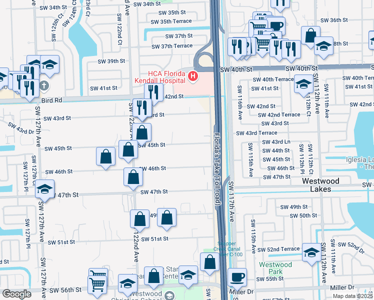 map of restaurants, bars, coffee shops, grocery stores, and more near 11845 Southwest 45th Street in Miami