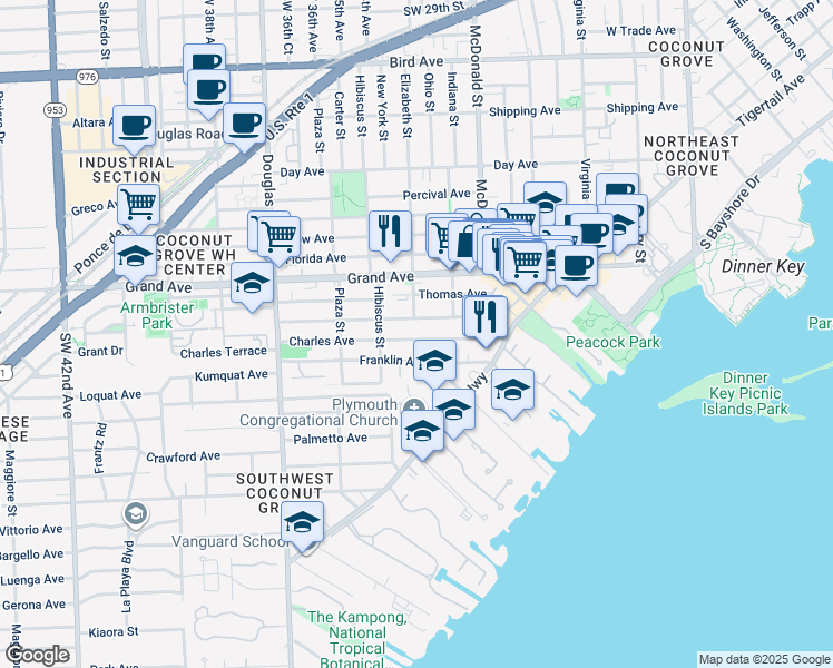 map of restaurants, bars, coffee shops, grocery stores, and more near 3411 Charles Avenue in Miami