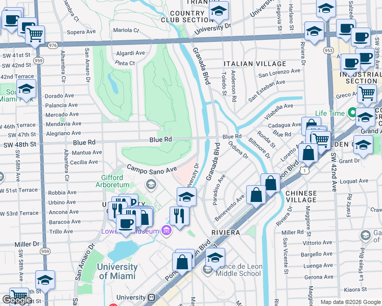 map of restaurants, bars, coffee shops, grocery stores, and more near 1155 Blue Road in Coral Gables