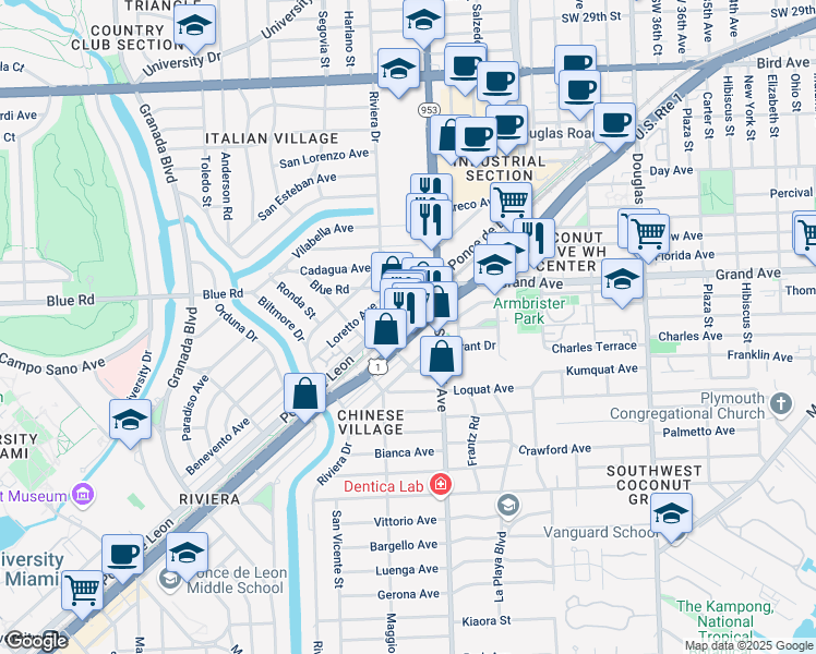 map of restaurants, bars, coffee shops, grocery stores, and more near 4649 Ponce de Leon in Coral Gables