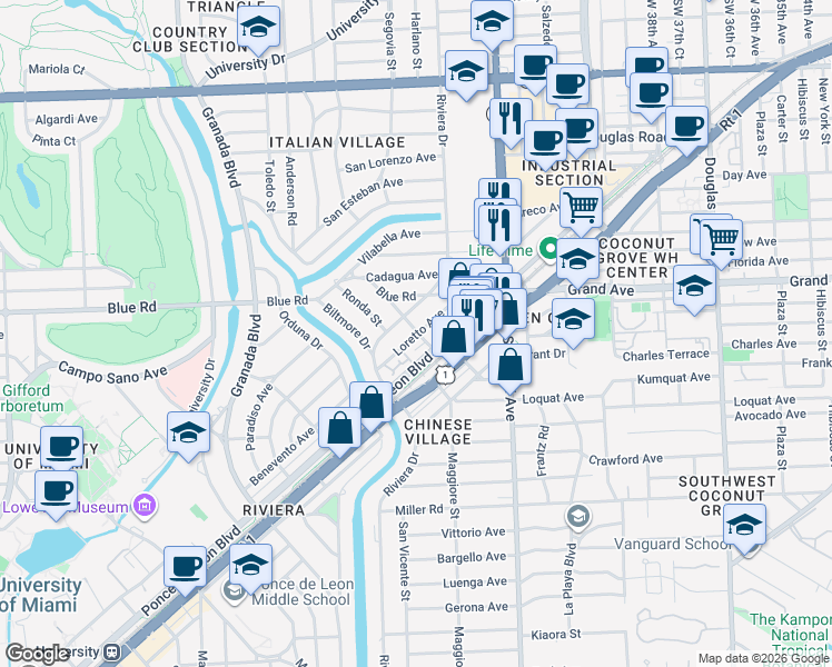 map of restaurants, bars, coffee shops, grocery stores, and more near 4921 Riviera Drive in Coral Gables