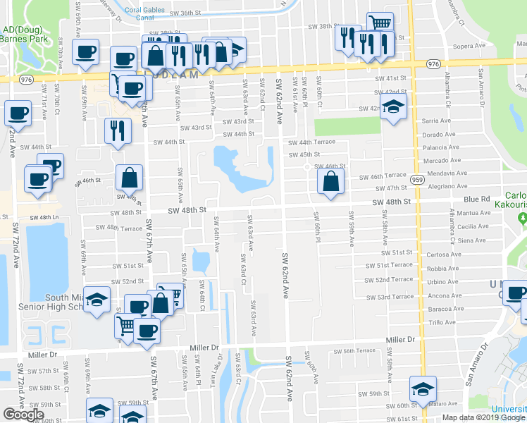 map of restaurants, bars, coffee shops, grocery stores, and more near 6240 Coral Lake Drive in Miami