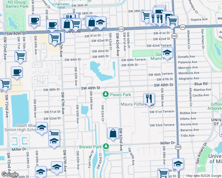map of restaurants, bars, coffee shops, grocery stores, and more near 6240 Coral Lake Drive in Miami
