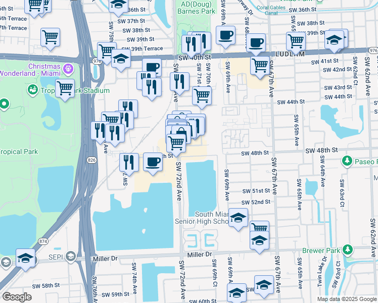 map of restaurants, bars, coffee shops, grocery stores, and more near 7194 Southwest 47th Street in Miami