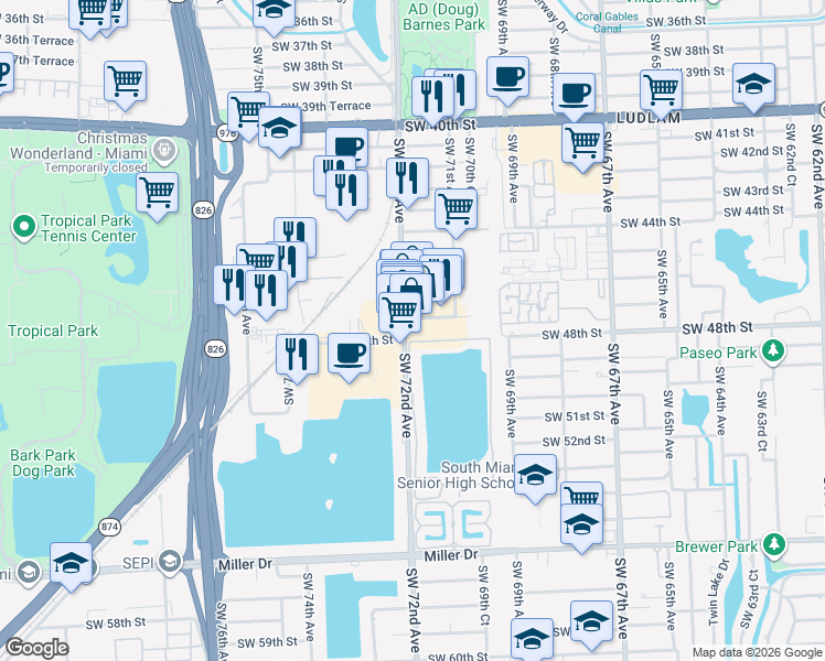 map of restaurants, bars, coffee shops, grocery stores, and more near 7194 Southwest 47th Street in Miami