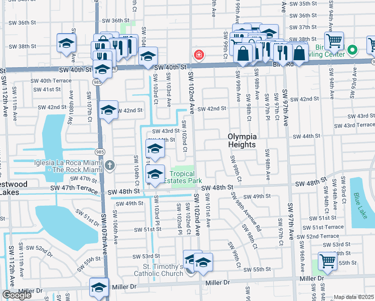 map of restaurants, bars, coffee shops, grocery stores, and more near 4400 Southwest 102nd Avenue in Miami