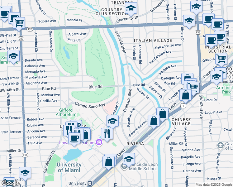 map of restaurants, bars, coffee shops, grocery stores, and more near 1155 Blue Road in Coral Gables