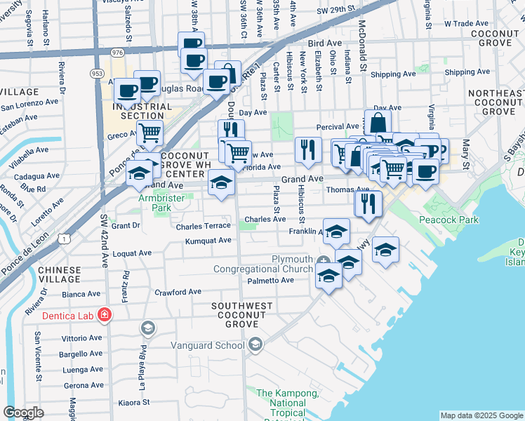 map of restaurants, bars, coffee shops, grocery stores, and more near 3617 William Avenue in Miami