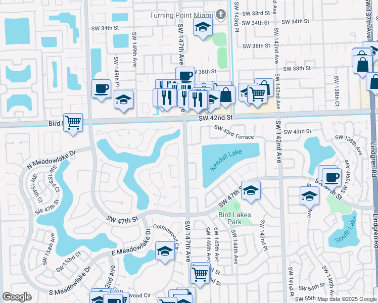 map of restaurants, bars, coffee shops, grocery stores, and more near 14695 Southwest 44th Terrace in Miami