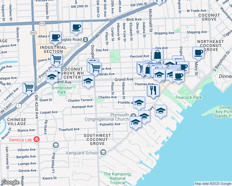 map of restaurants, bars, coffee shops, grocery stores, and more near 3521 William Avenue in Miami