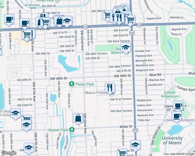 map of restaurants, bars, coffee shops, grocery stores, and more near 5971 Southwest 48th Street in Miami