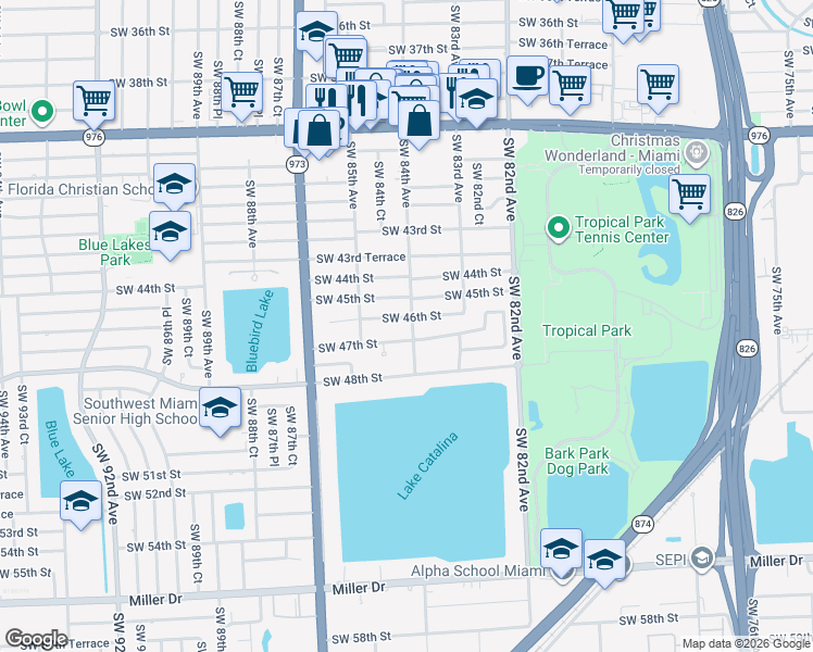 map of restaurants, bars, coffee shops, grocery stores, and more near 8385 Southwest 46th Street in Miami