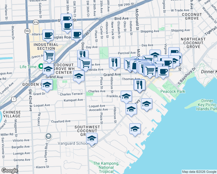map of restaurants, bars, coffee shops, grocery stores, and more near 3521 William Avenue in Miami