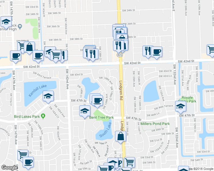 map of restaurants, bars, coffee shops, grocery stores, and more near 13850 Southwest 43rd Terrace in Miami