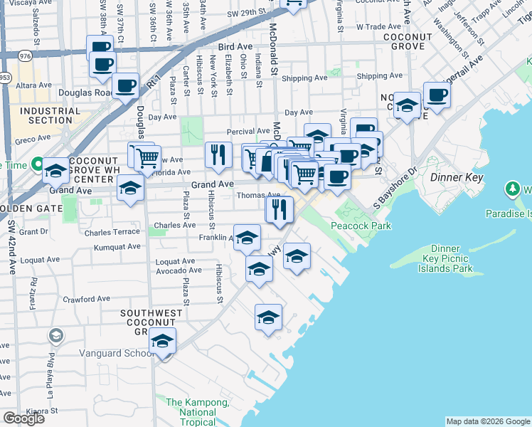 map of restaurants, bars, coffee shops, grocery stores, and more near 3341 William Avenue in Miami