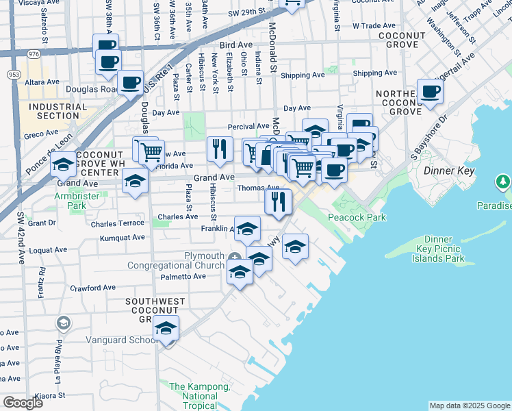 map of restaurants, bars, coffee shops, grocery stores, and more near 3341 William Avenue in Miami