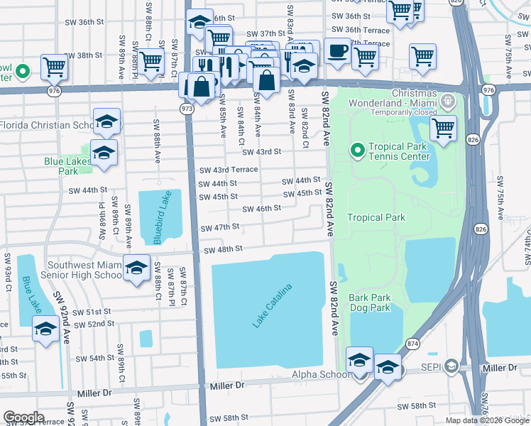 map of restaurants, bars, coffee shops, grocery stores, and more near 8385 Southwest 46th Street in Miami