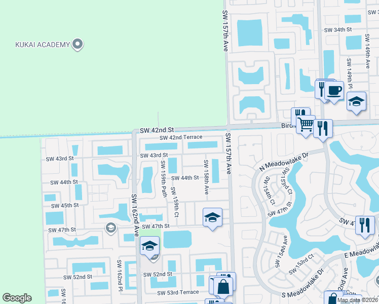 map of restaurants, bars, coffee shops, grocery stores, and more near 15873 Southwest 43rd Street in Miami