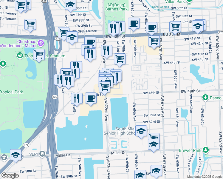 map of restaurants, bars, coffee shops, grocery stores, and more near 7194 Southwest 47th Street in Miami