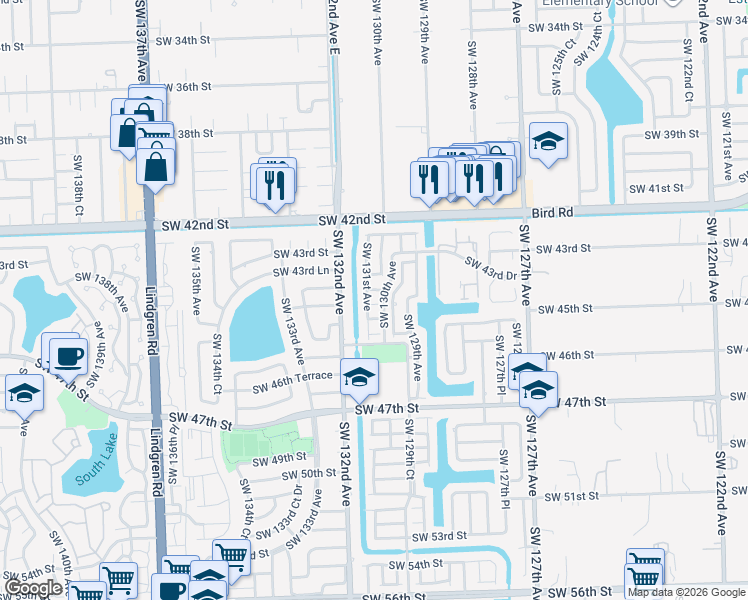 map of restaurants, bars, coffee shops, grocery stores, and more near 13020 Southwest 44th Street in Miami