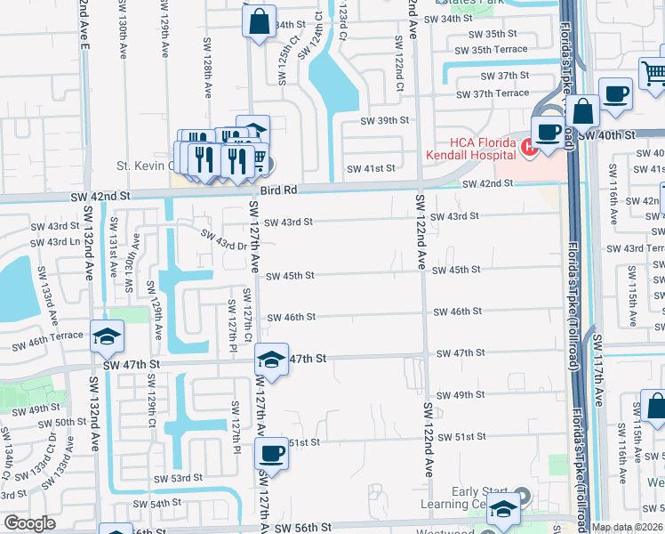 map of restaurants, bars, coffee shops, grocery stores, and more near 12401 Southwest 45th Street in Miami